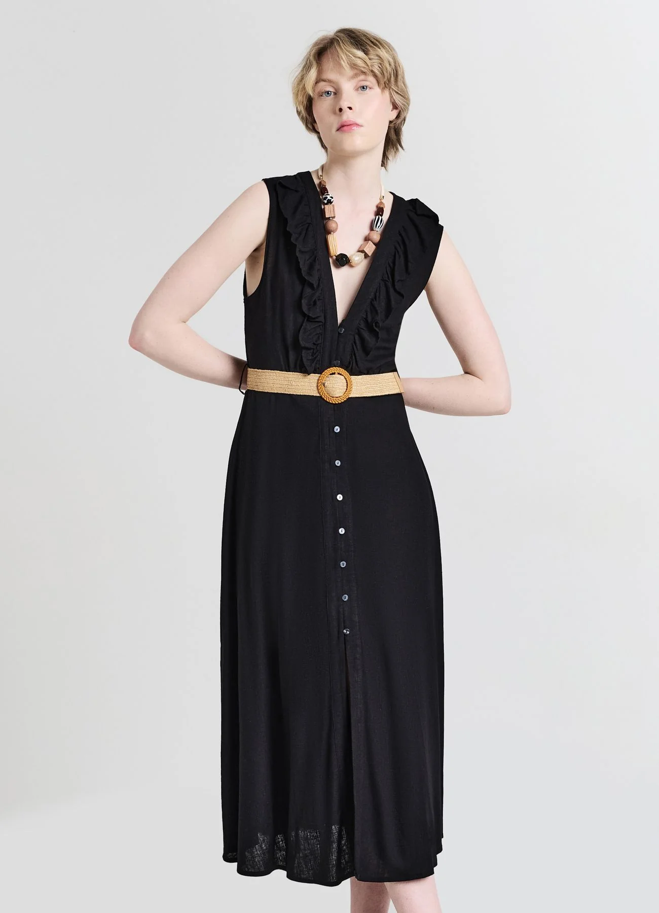 Abito chemisier con frill e cintura - Image 3