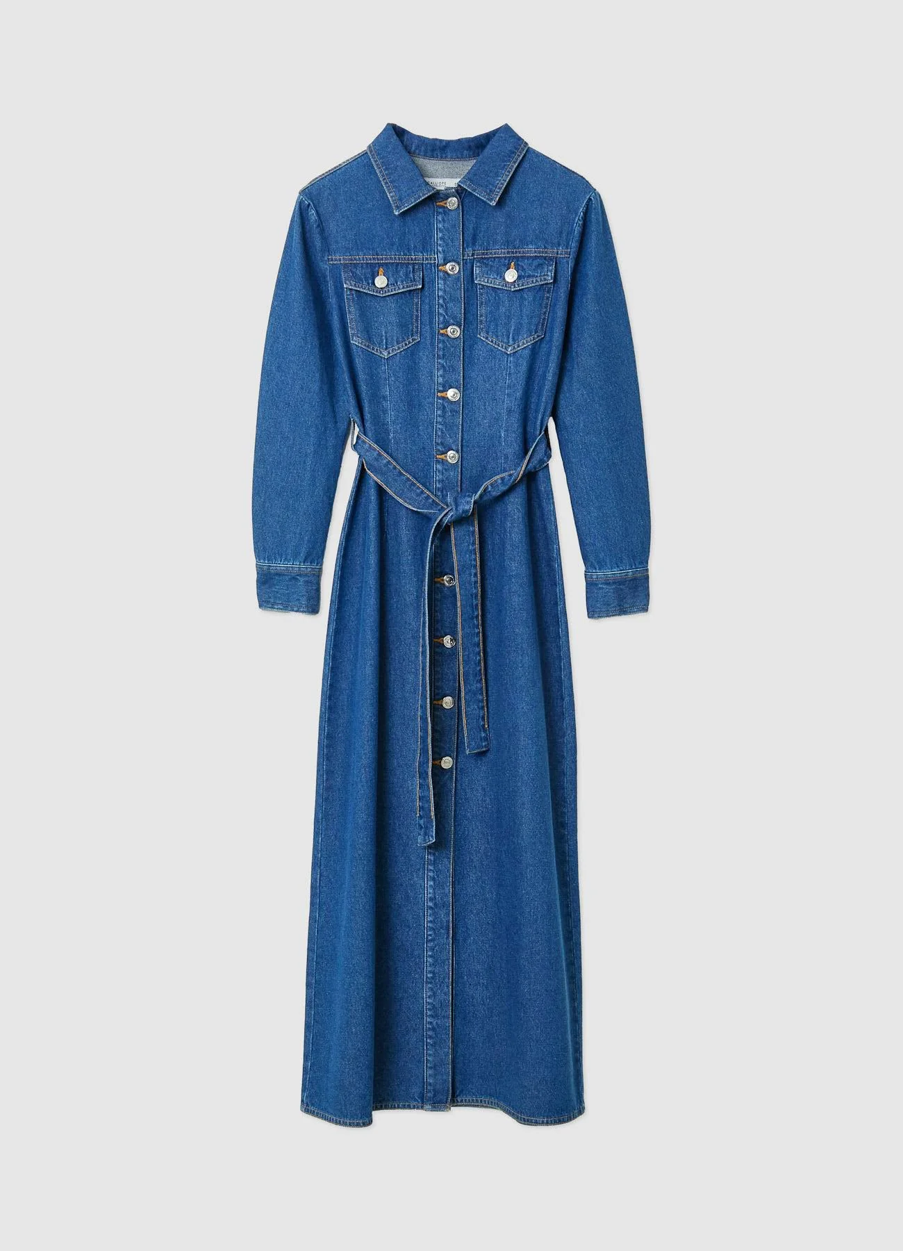 Abito lungo in denim con cintura - Image 5