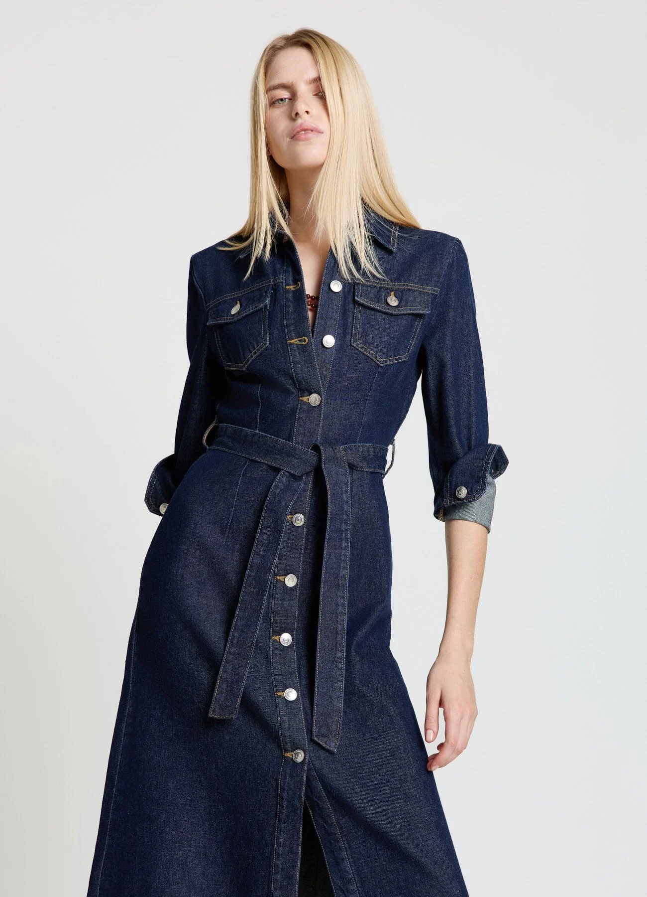 Abito lungo in denim con cintura e bottoni - Image 3