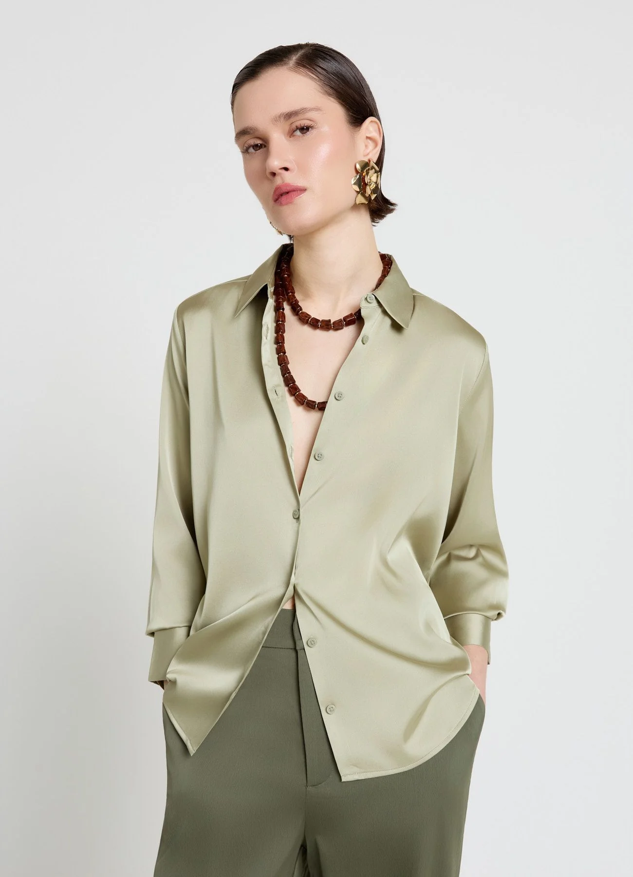 Camicia similsatin tinta unita - Image 3