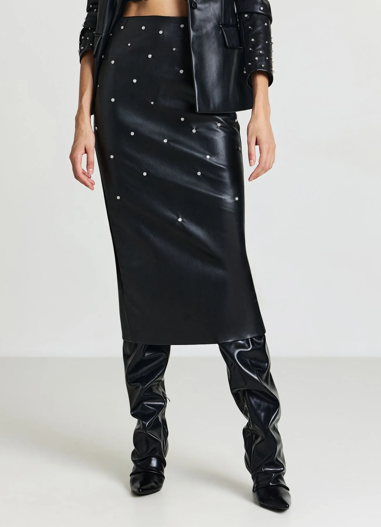 Gonna longuette con strass e spacco