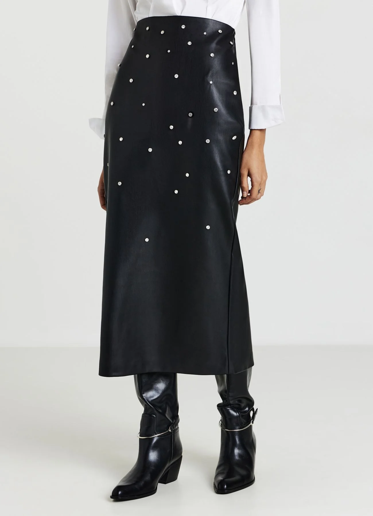 Gonna longuette con strass e spacco