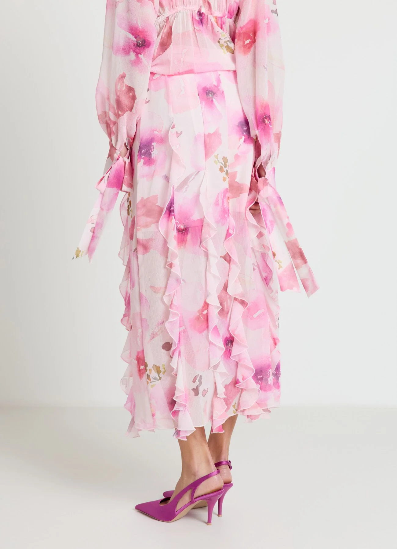 Gonna midi con rouches e stampa fiori