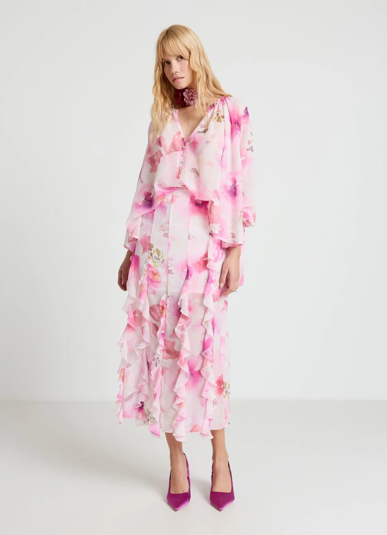 Gonna midi con rouches e stampa fiori - Image 2