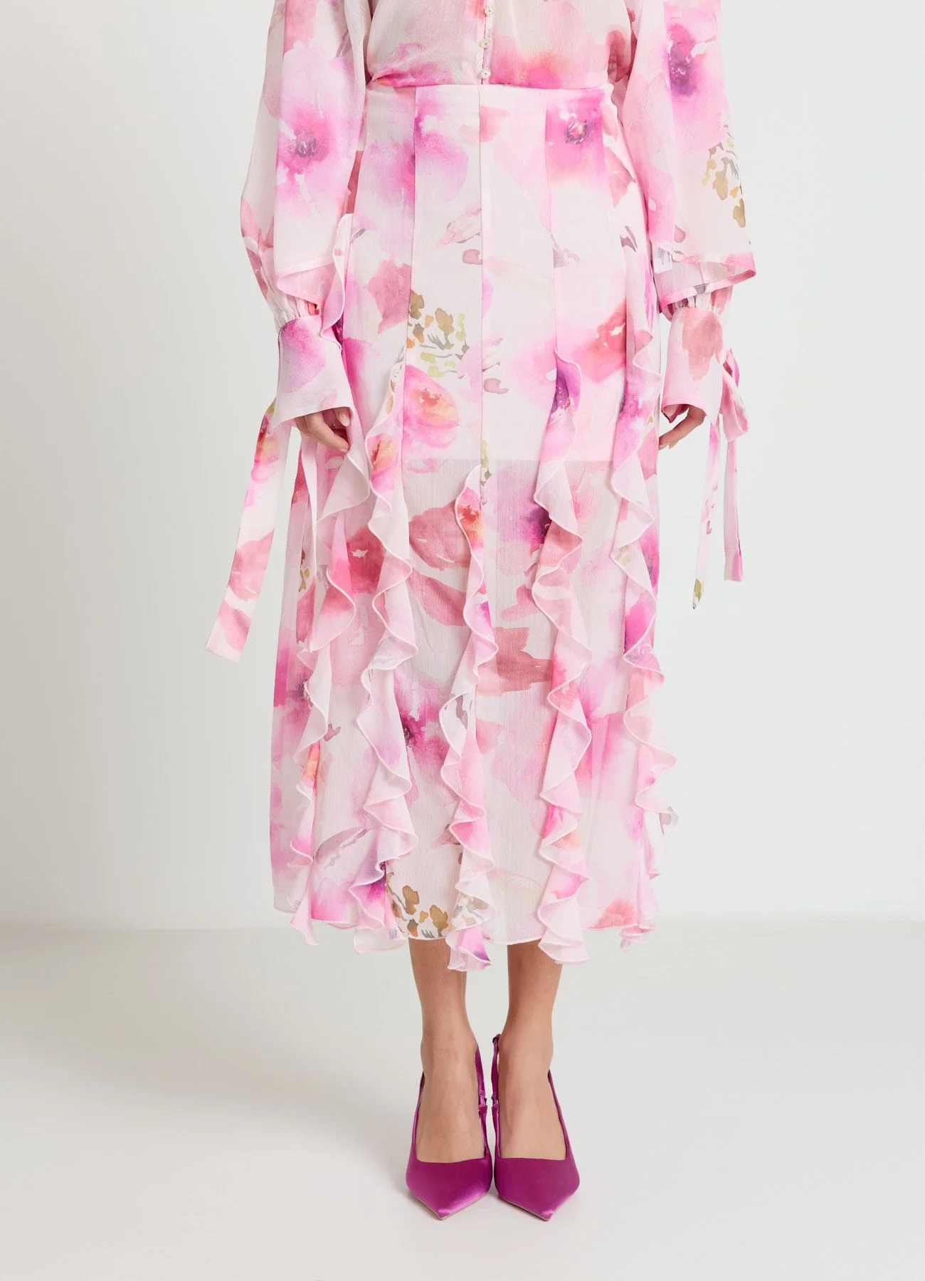 Gonna midi con rouches e stampa fiori - Image 3
