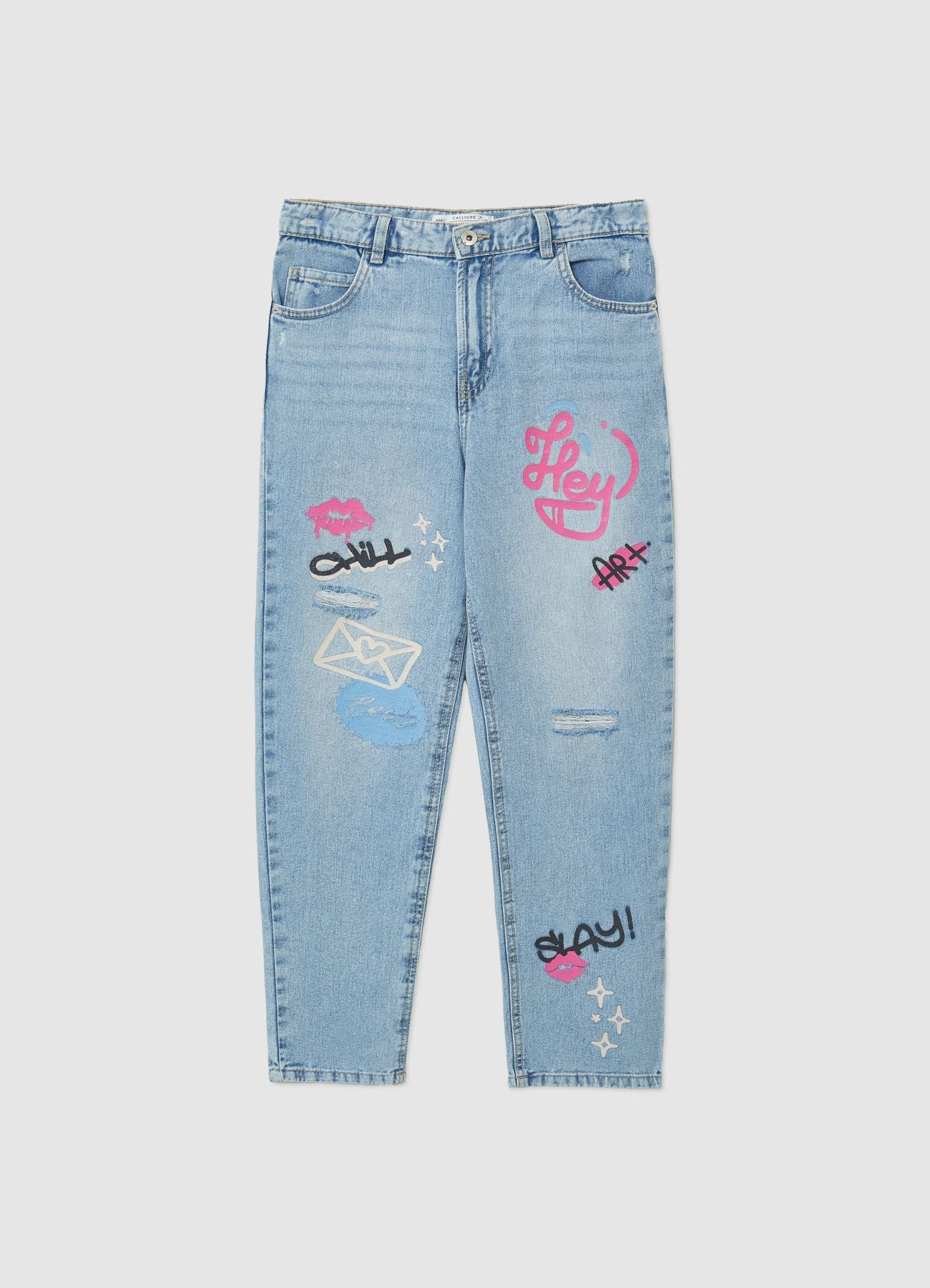 Jeans mom fit con scritte e strappi - Image 5