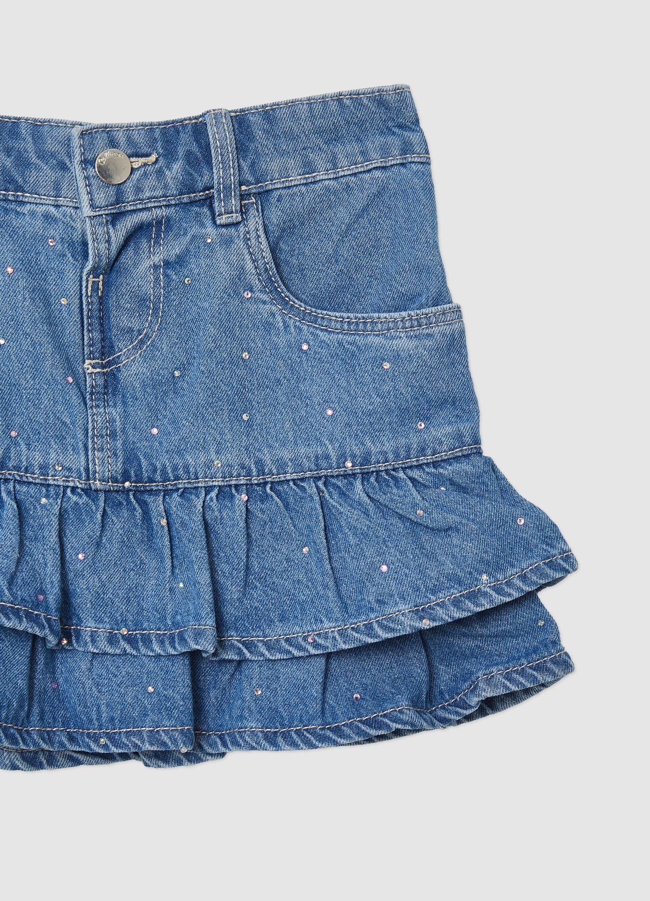 Minigonna denim con balze e strass