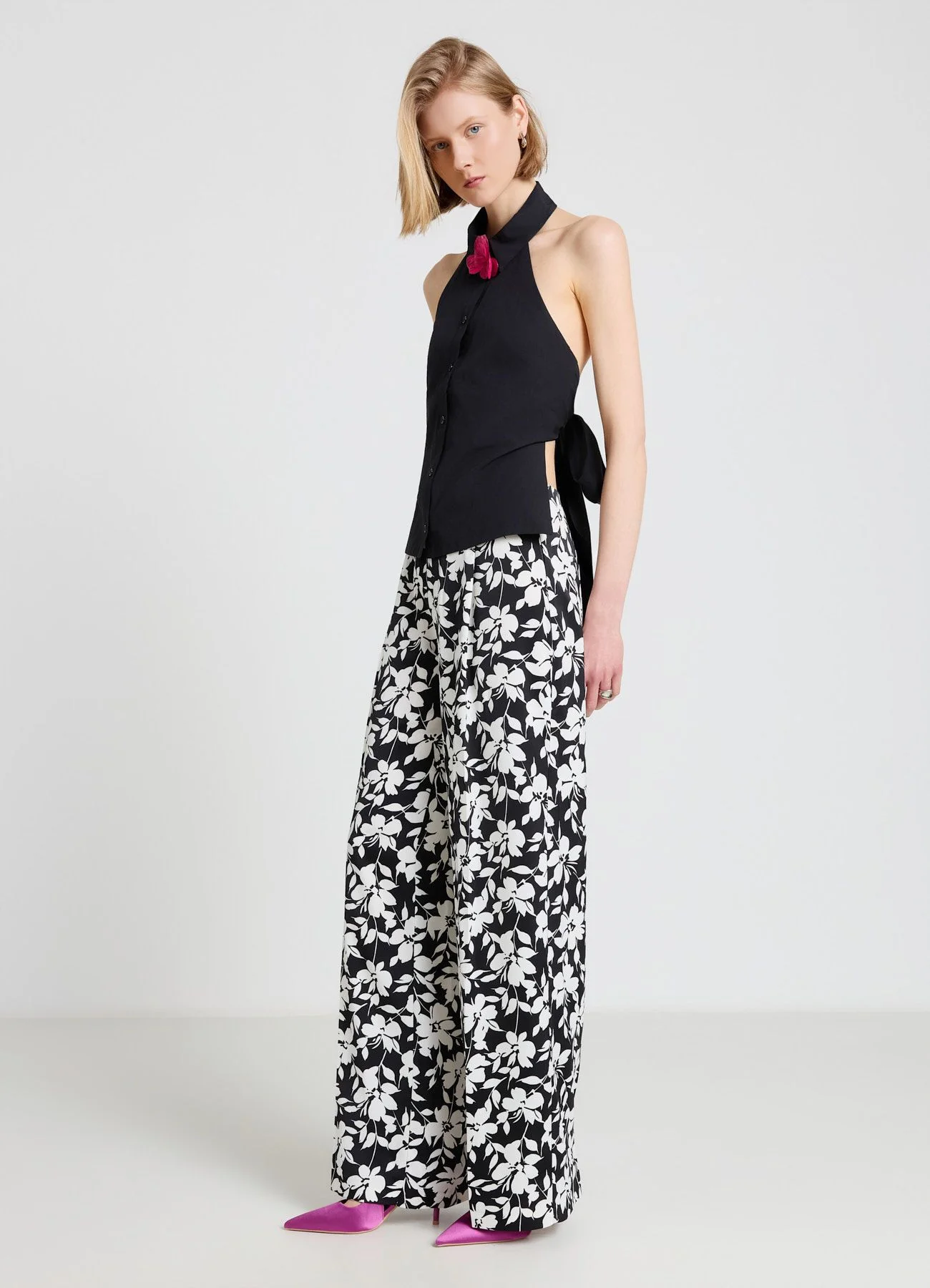 Pantaloni palazzo similsatin stampa fiori