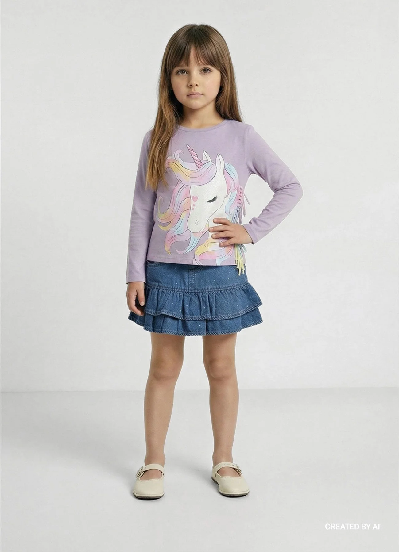 T-shirt con stampa unicorno e frange