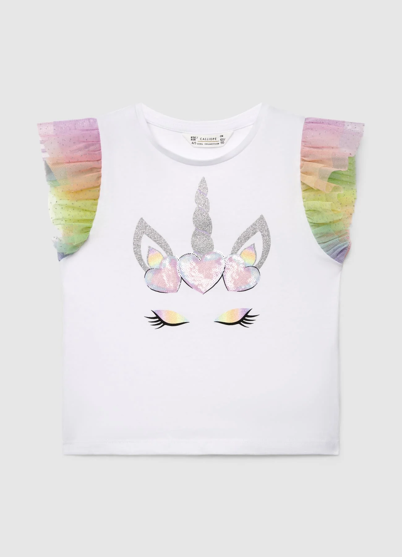 T-shirt con stampa unicorno e volant