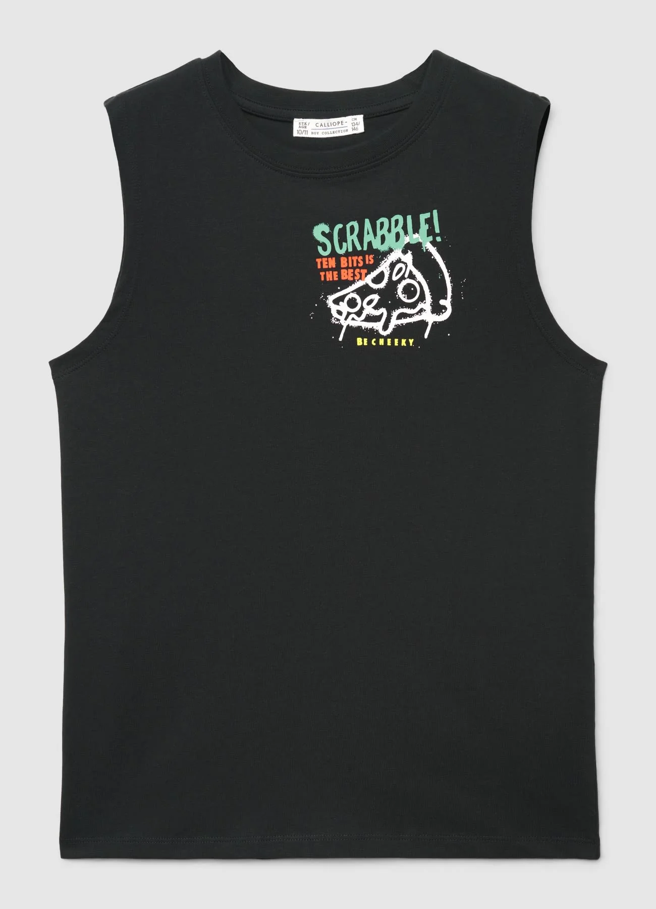 T-shirt smanicata con stampa pizza e scritte