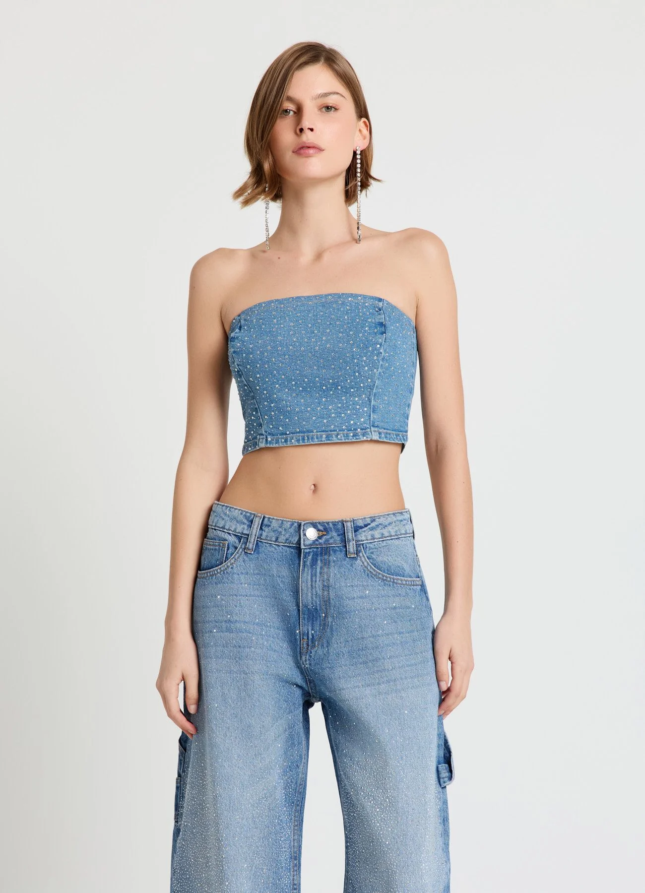 Top a fascia in denim con strass - Image 2