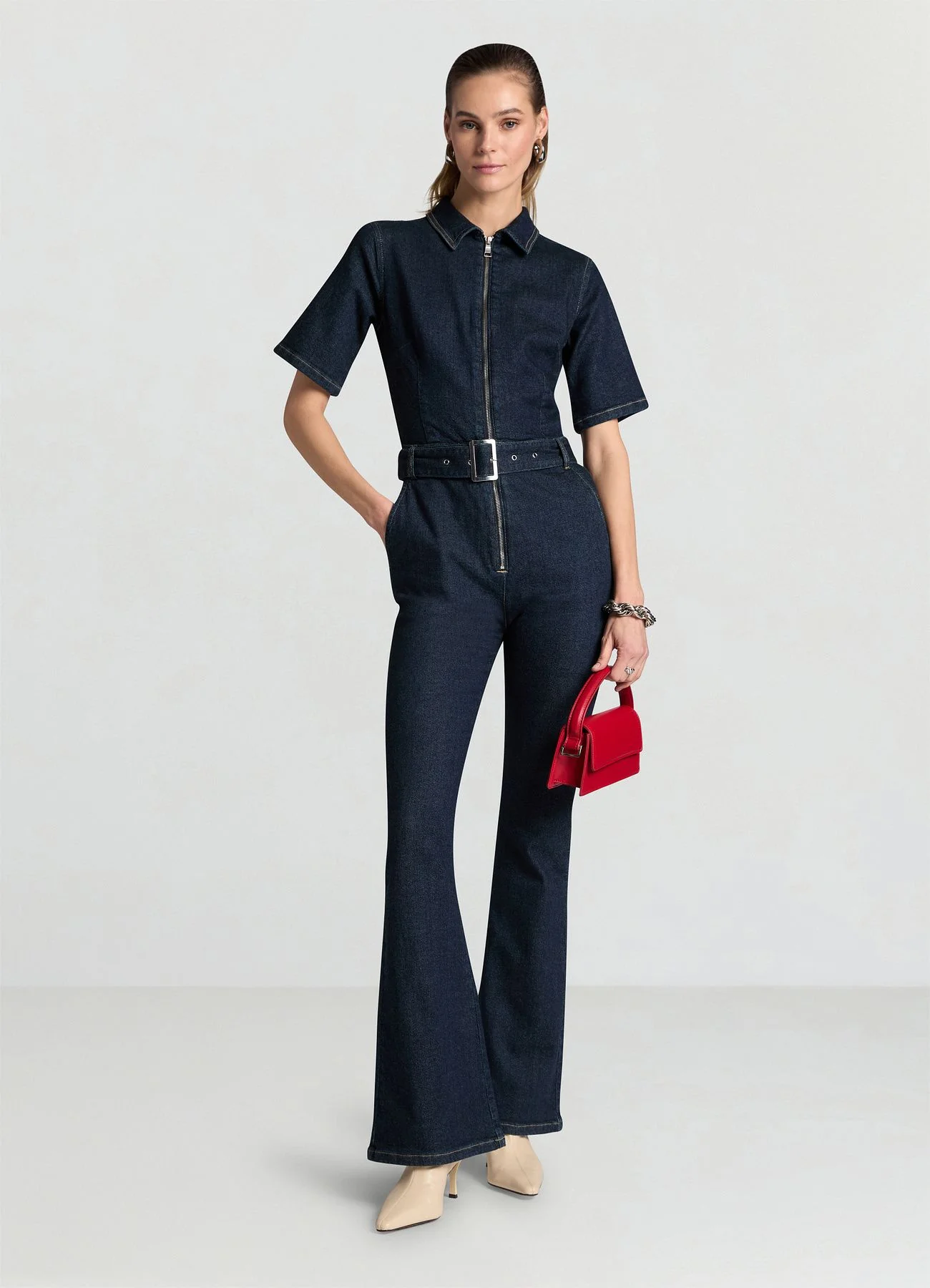 Tuta in denim con zip e cintura - Image 3
