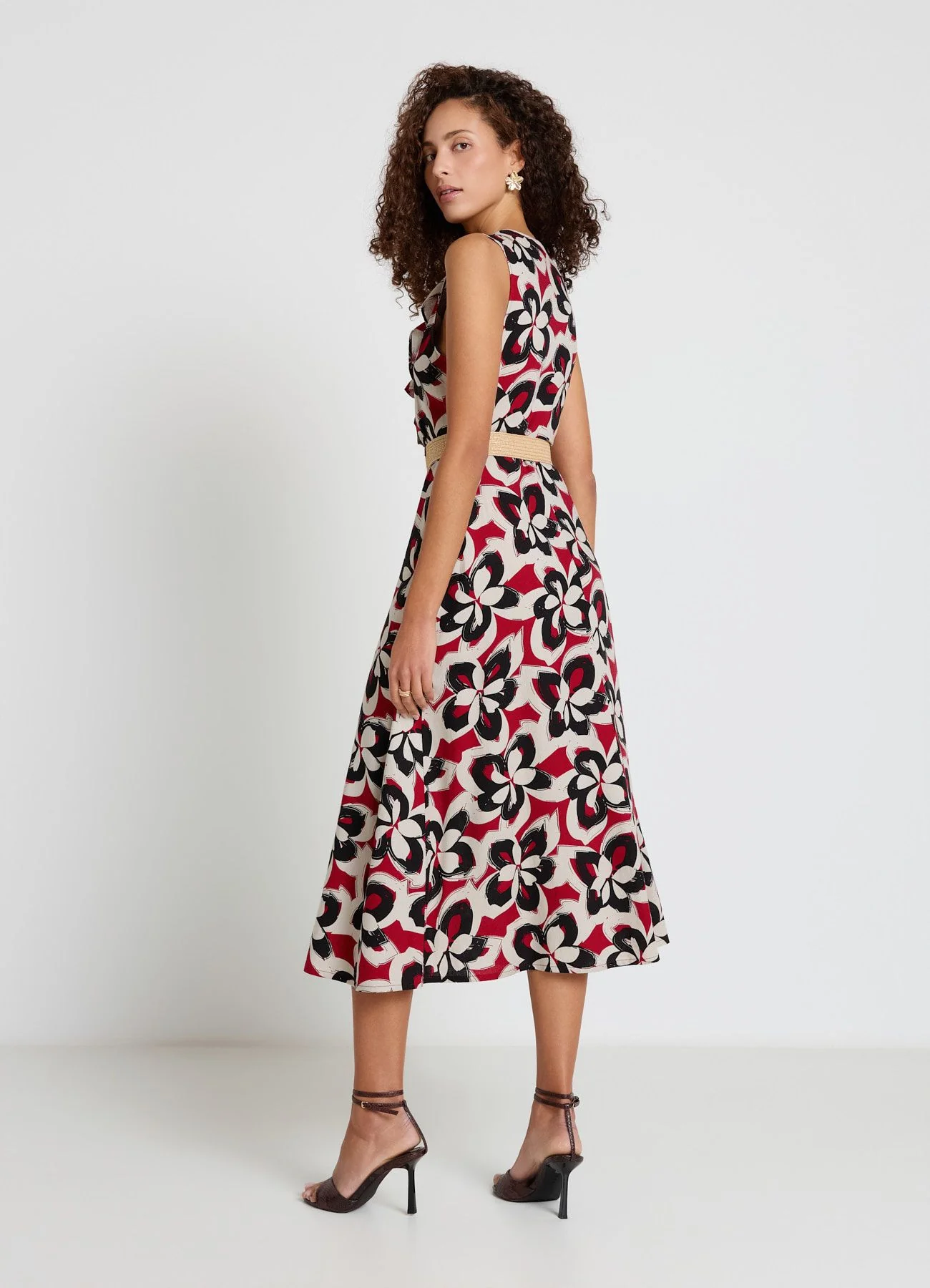 Vestito chemisier stampa fiori con frill e cintura