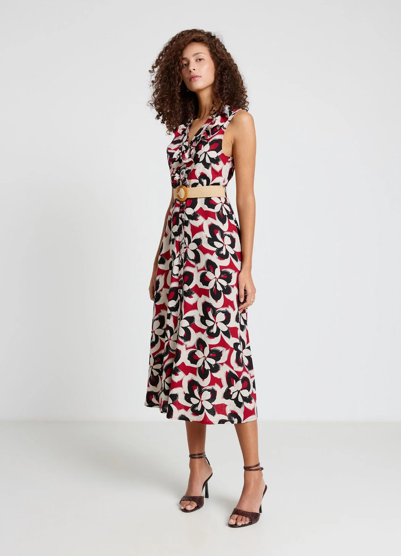 Vestito chemisier stampa fiori con frill e cintura - Image 3