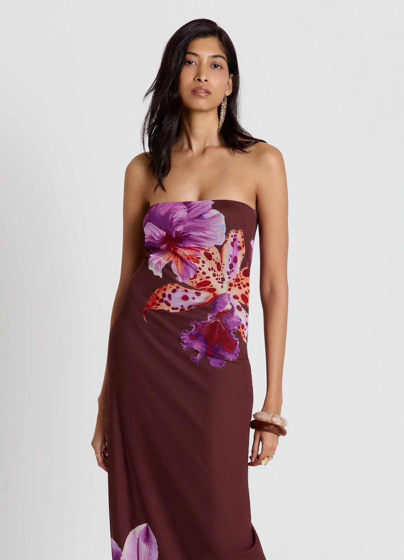 Vestito lungo a fascia con stampa fiori