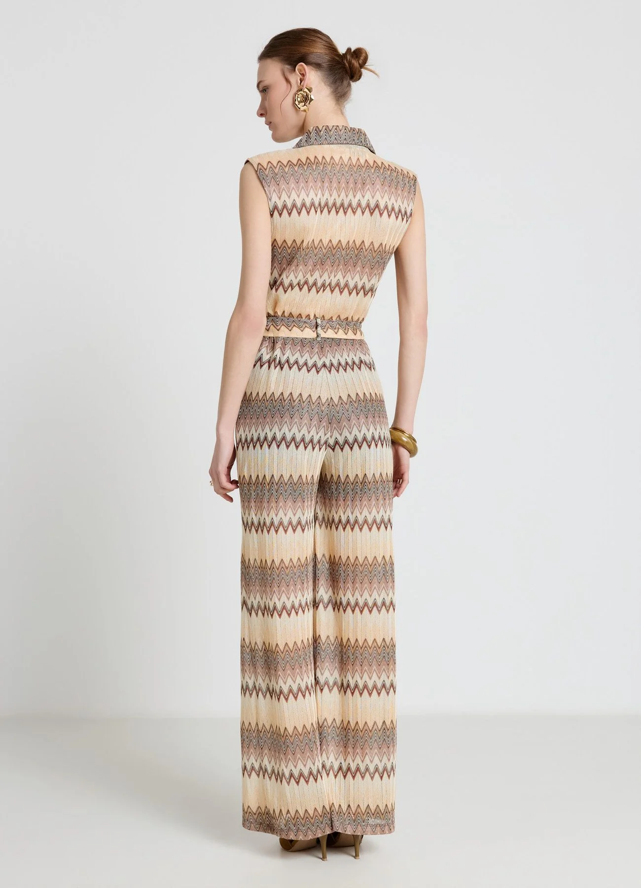 Vestito lungo smanicato con cintura e stampa chevron - Image 3